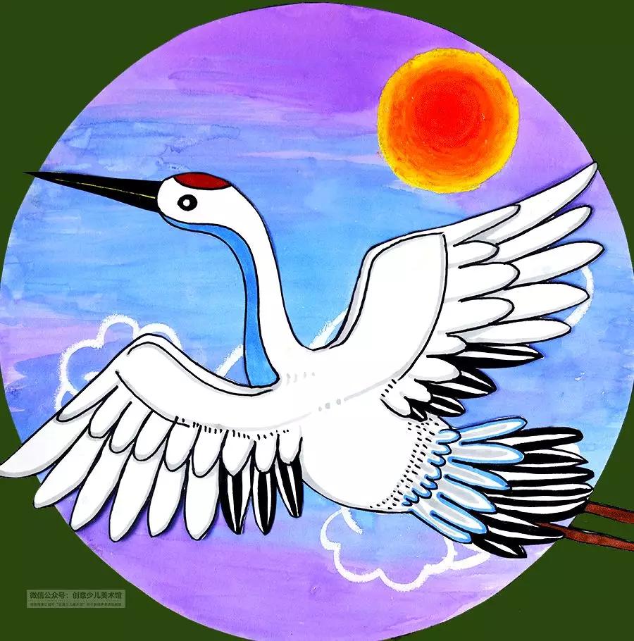 鹤的画法儿童画,飞翔的鹤儿童画
