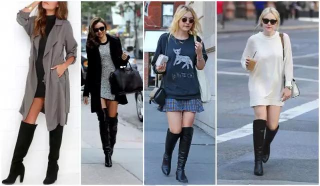 烟灰色牛仔裤怎么搭过膝靴,小香风皮毛外套搭配牛仔裤过膝靴