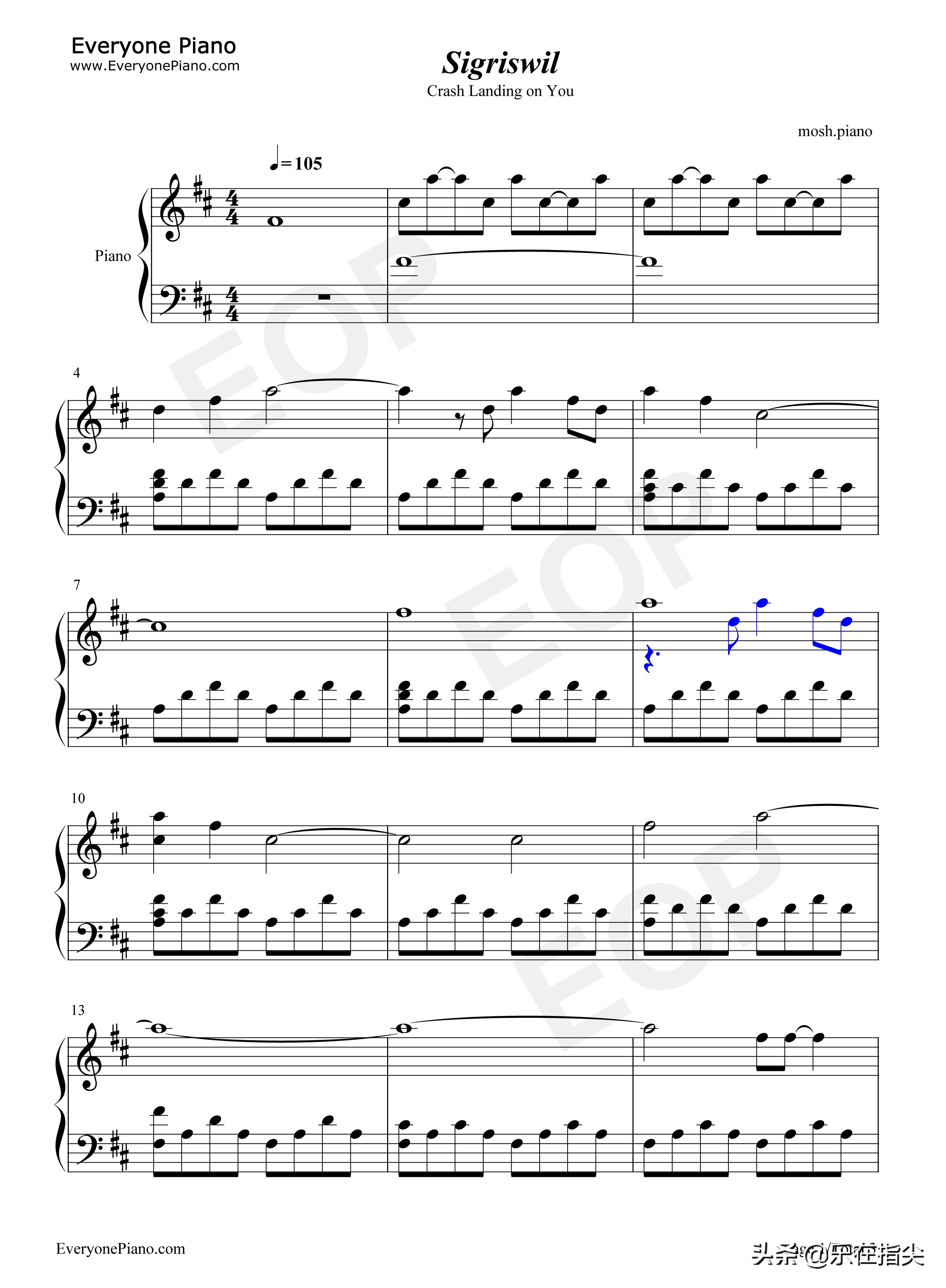 爱的迫降钢琴五线谱,爱的迫降flower钢琴简谱完整版