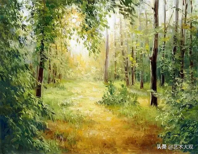 美丽又简单的远山倒影油画,风景优美的小河油画