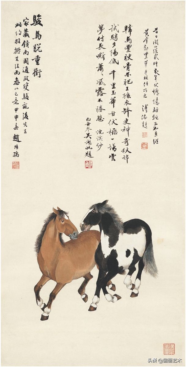 赵叔孺鞍马画、吴湖帆山水画、冯超然人物画、吴待秋花卉画