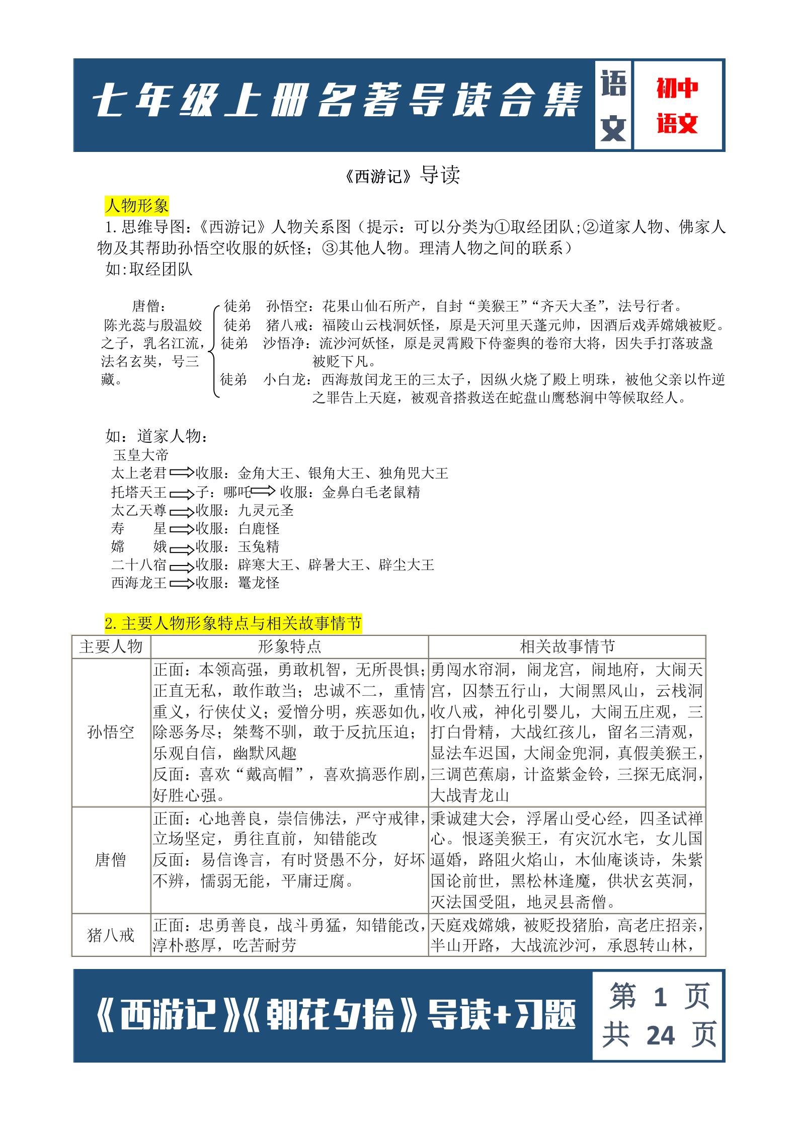 西游记朝花夕拾七年级必考点,西游记朝花夕拾七年级考点练习题