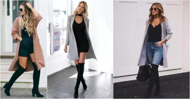 烟灰色牛仔裤怎么搭过膝靴,小香风皮毛外套搭配牛仔裤过膝靴