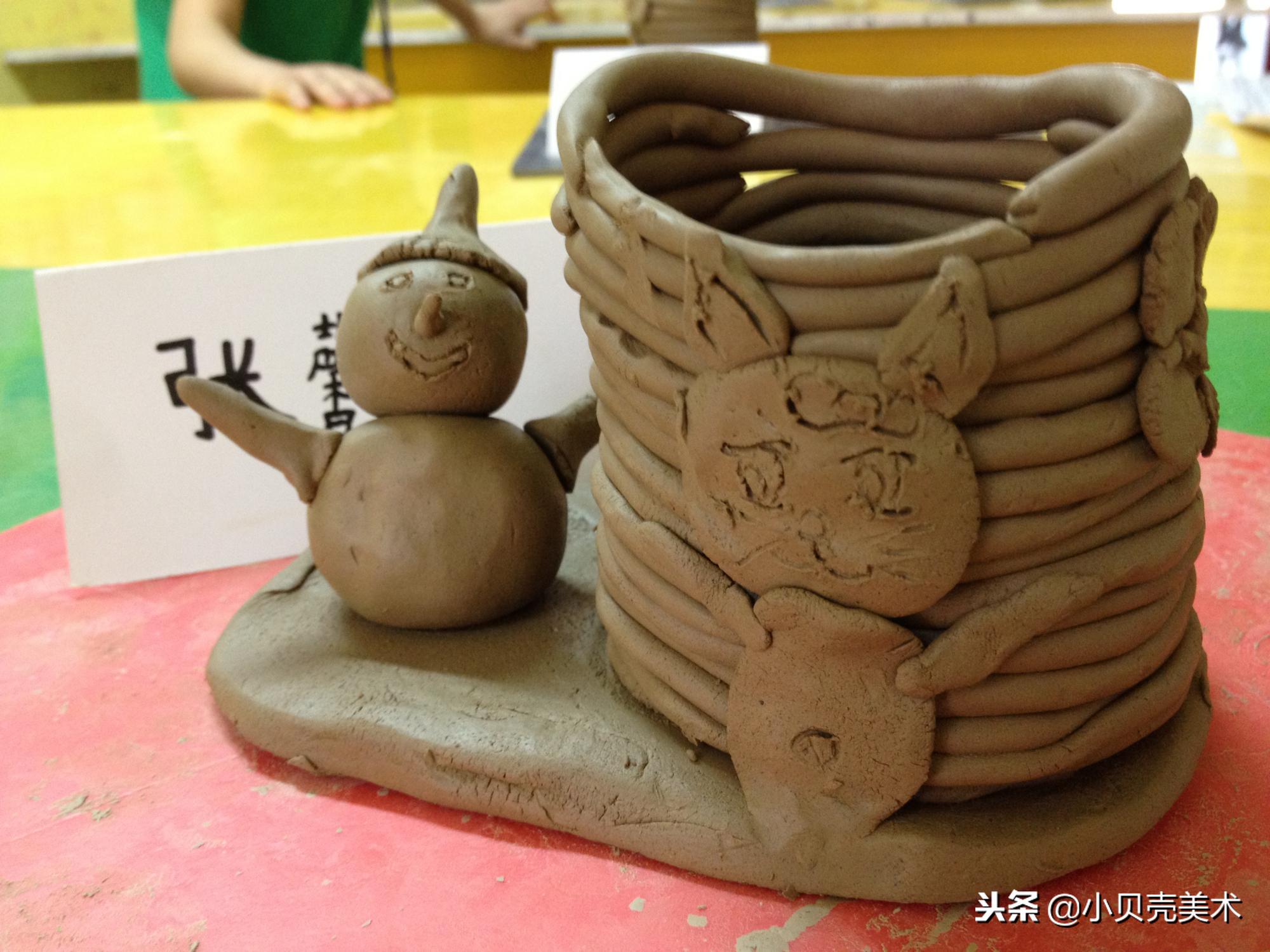 陶艺手工儿童创意美术,美术公开课做笔筒