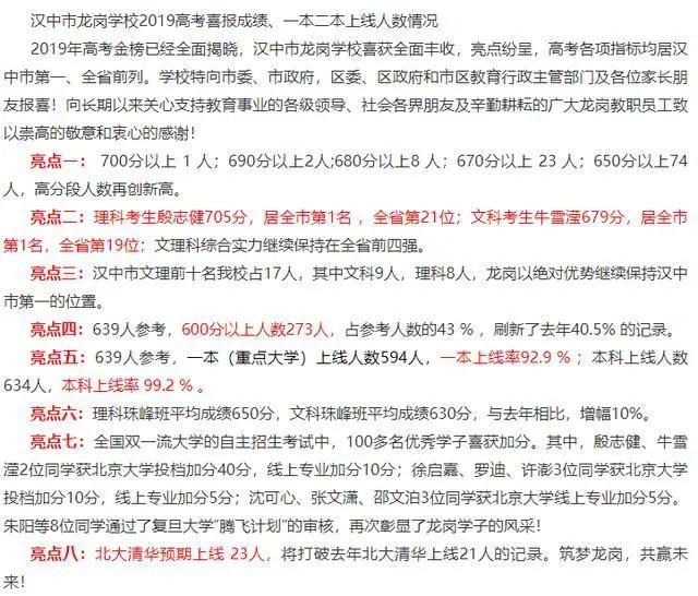 2021汉中龙岗高考喜报及分数排名,汉中龙岗学校2018年名校录取人数