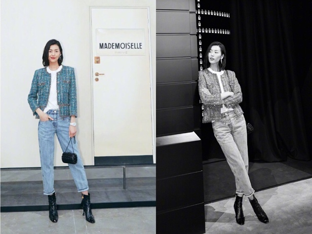 刘雯穿小香风马甲,刘雯笑脸围巾