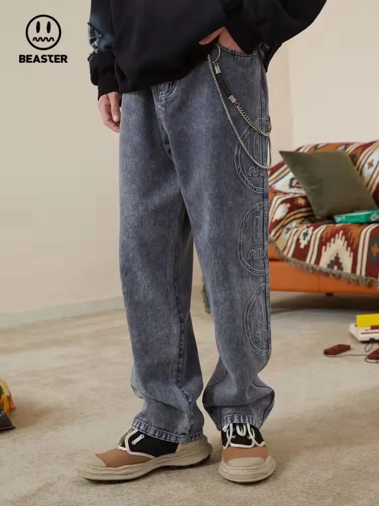 国潮火麒麟刺绣男士牛仔裤,pdd国潮牛仔裤推荐