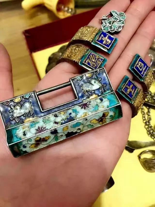 古法方形金锁,清代老银制长命锁