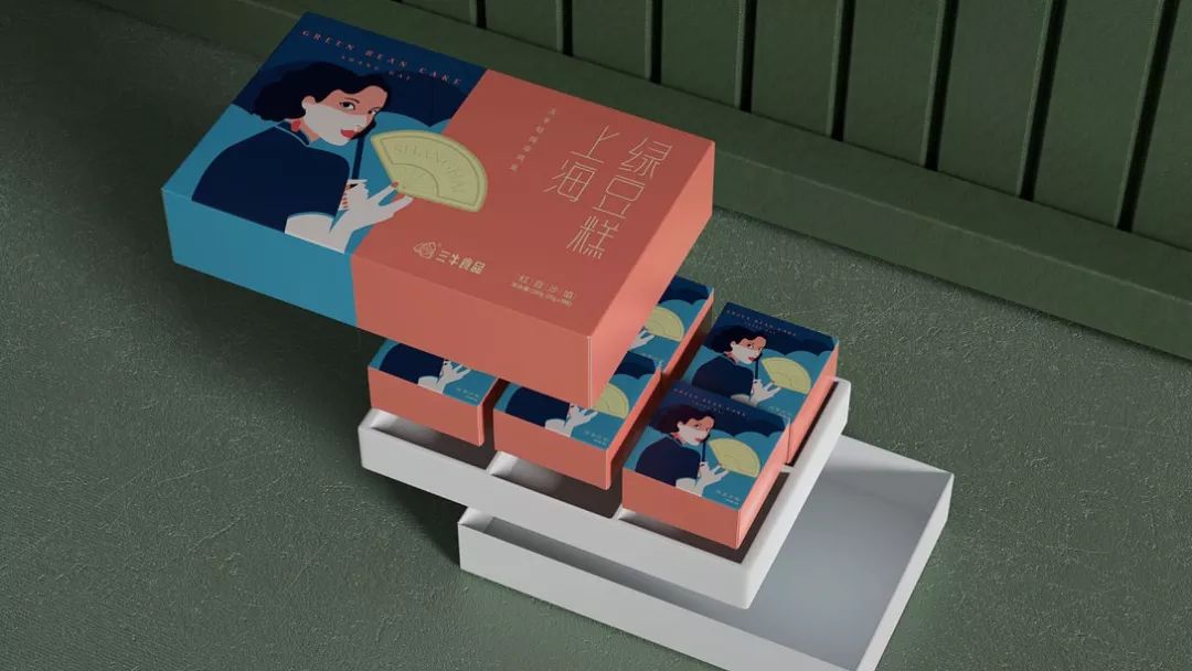 樱花绿豆糕包装盒,包装上印有福字的绿豆糕