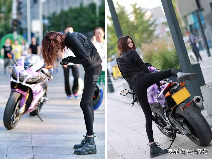 小姐姐骑着粉红色的仿赛摩托车,仿赛摩托车低座推荐