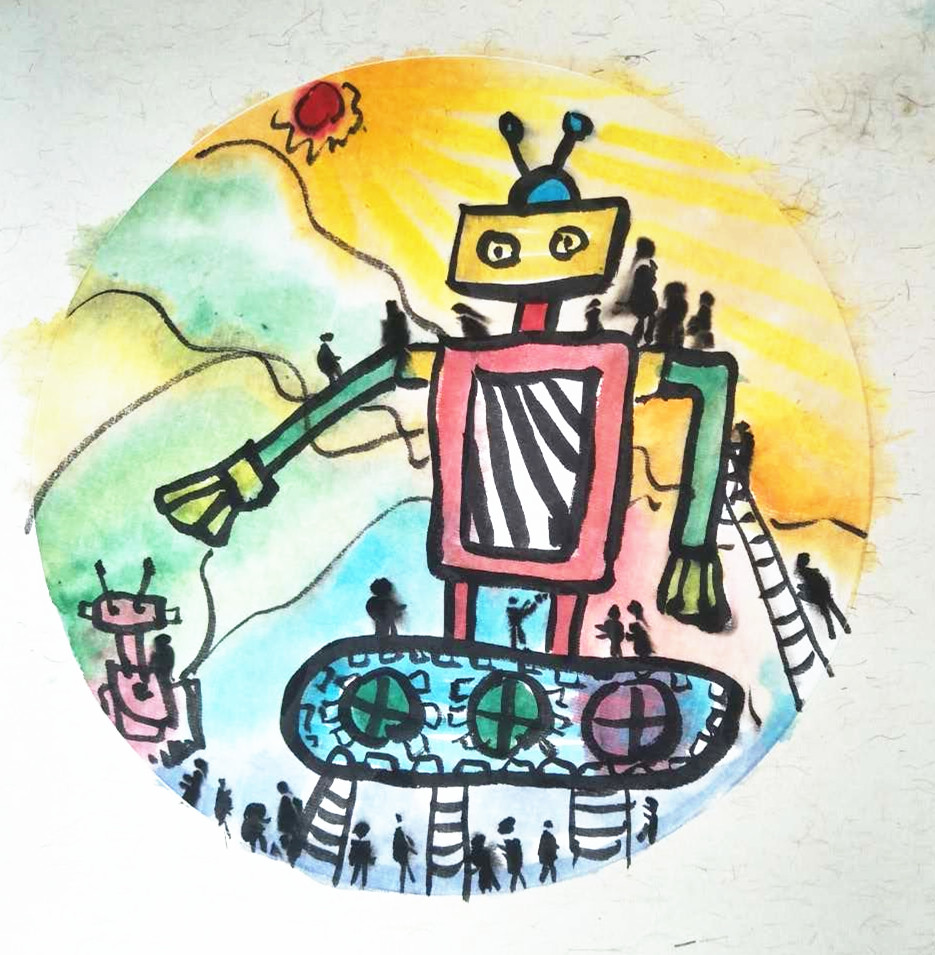 少年儿童科学幻想绘画作品机器人,7-10岁儿童创意美术画机器人