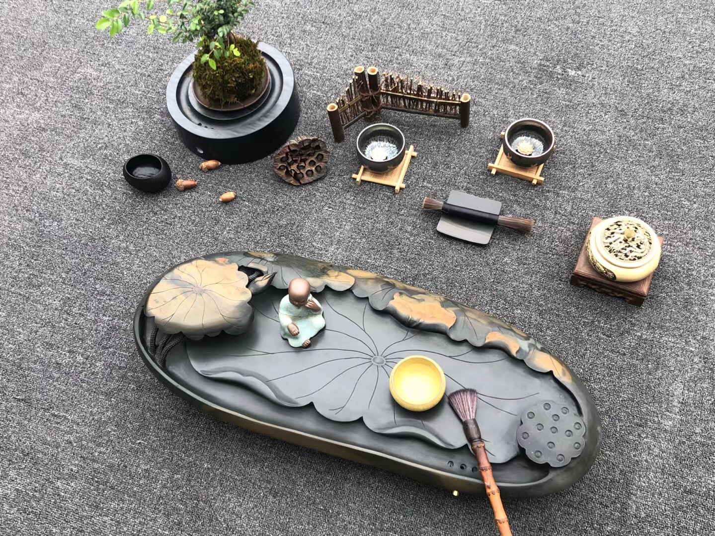 石头连体雕刻茶盘,工艺石头拼接摆件