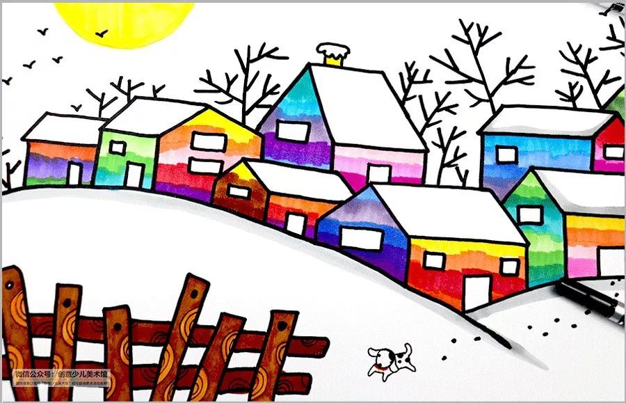 儿童画冬日街道风景,冬日里的树林儿童画