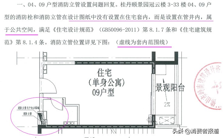 消防立管占用了套内面积，多家业主投诉佛山颐景园违反建筑规范