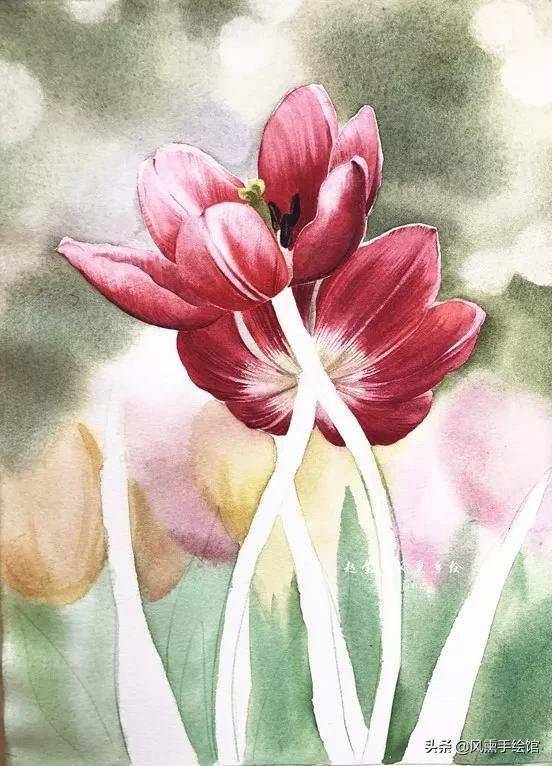 怎么用水彩笔画郁金香教程,粉色水彩郁金香怎么画图片