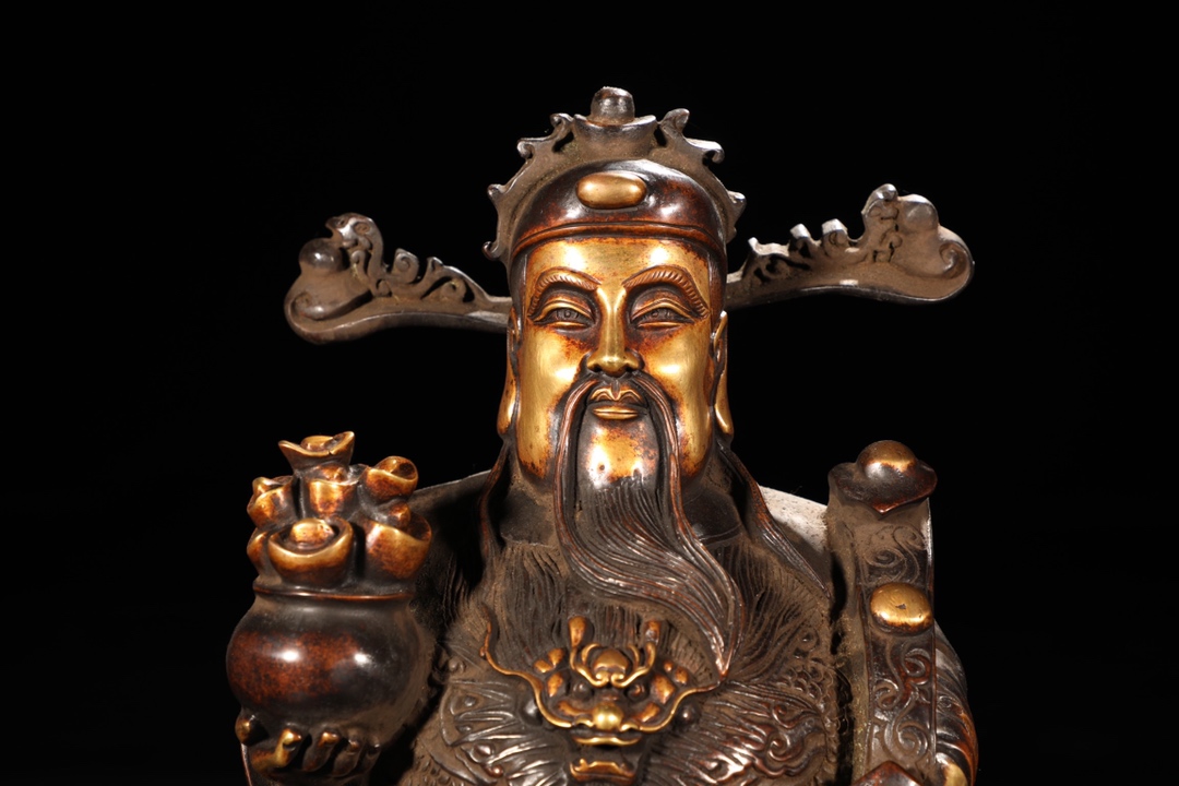清代财神铜造像,清早期铜鎏金黄财神造像