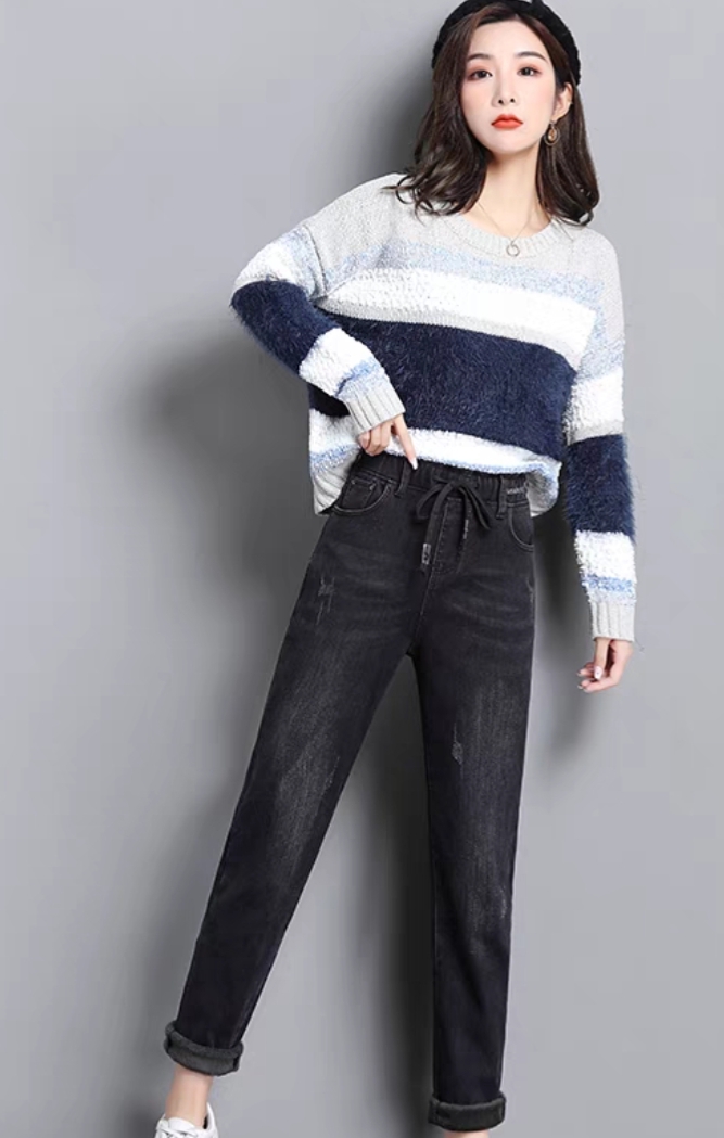 加绒牛仔保暖大码高腰显瘦,牛仔加绒打底衣外穿显瘦中长款