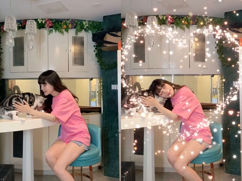李小璐39岁还是少女，在家穿短裤和猫互动，嘟嘴亲猫好可爱