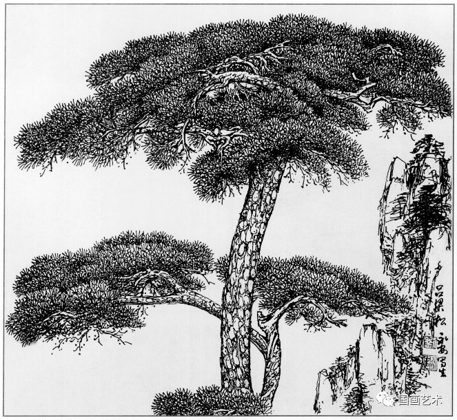 日式线描松树波浪纹,深度线描儿童画松树