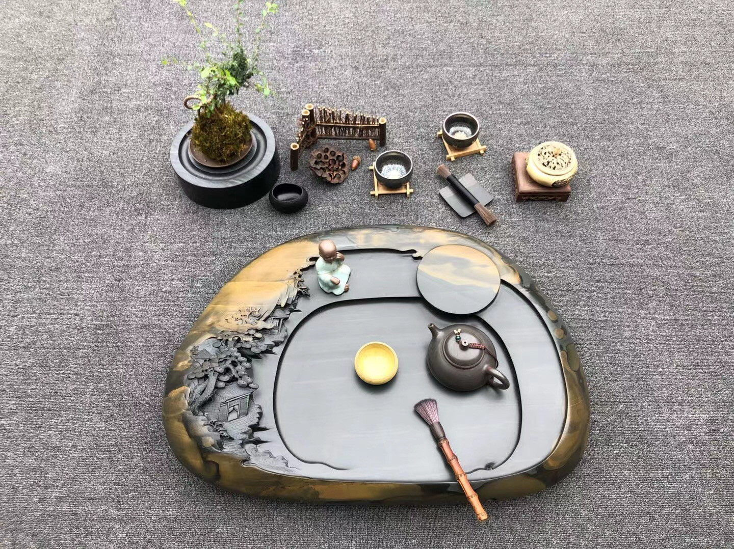 石头连体雕刻茶盘,工艺石头拼接摆件