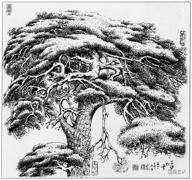 日式线描松树波浪纹,深度线描儿童画松树