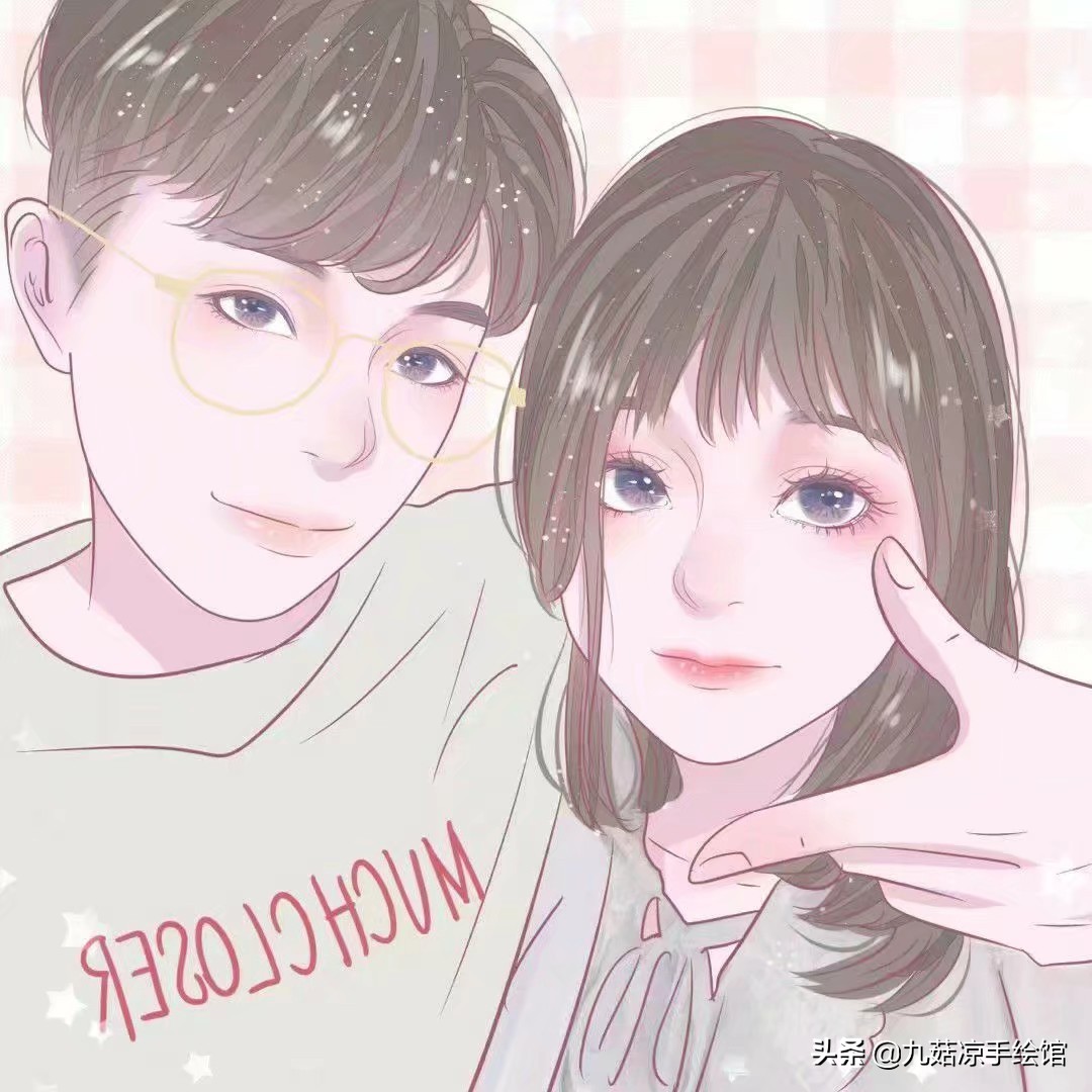 手绘情侣头像眼睛带心,拿花朵的手绘情侣头像