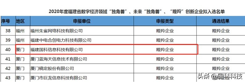 国科科技双喜临门!入选2020年度福建省数字经济领域瞪羚创新企业