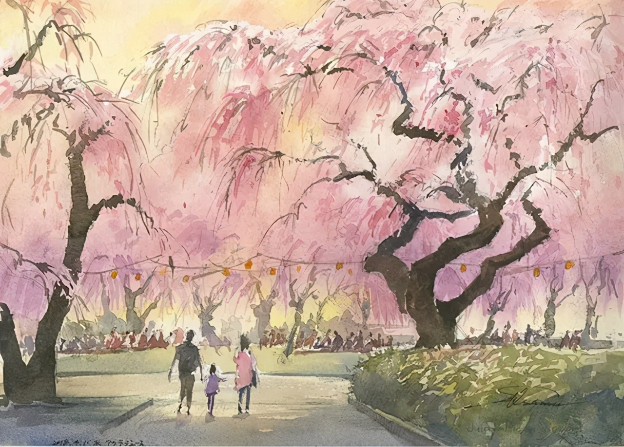 美丽的水彩樱花,水彩樱花风景画乡村田园