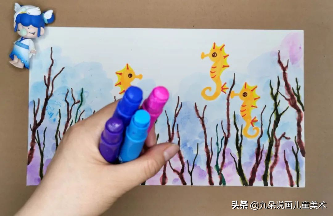 儿童简笔画教宝宝画可爱海马,马克笔画渐变儿童画