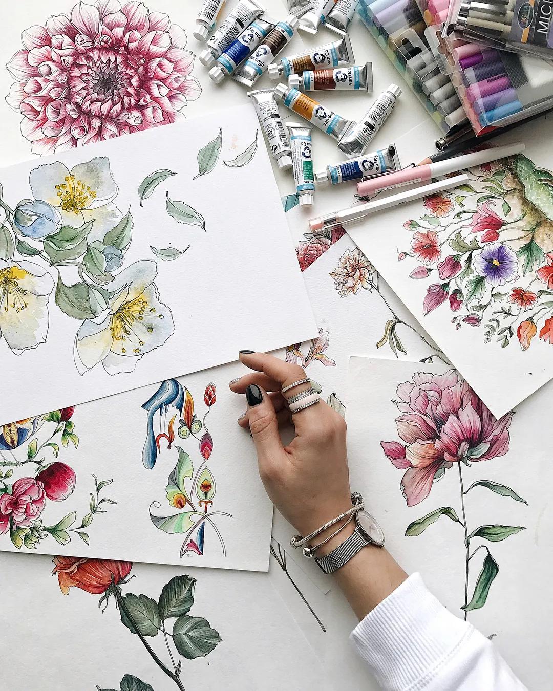 花卉墙绘,墙绘花卉色彩作品