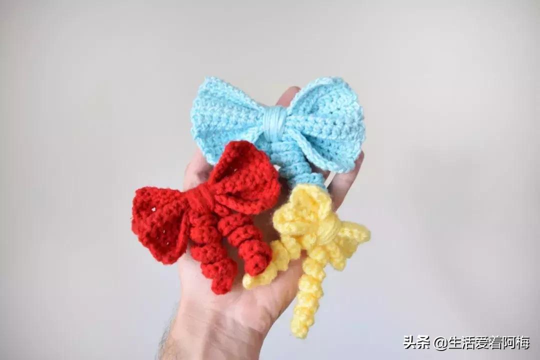 粗毛线钩织蝴蝶结小物件,大蝴蝶结和小蝴蝶结钩针编织教程