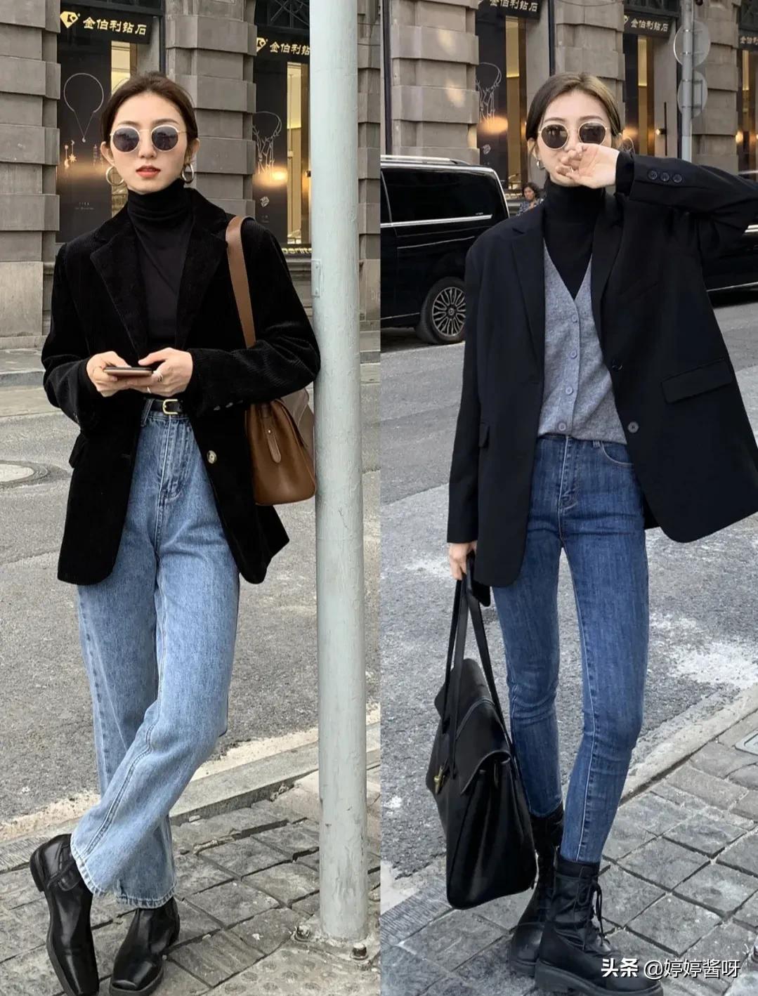 黑色皮衣内搭蓝色牛仔裤,黑色微喇开叉牛仔裤搭配什么外套