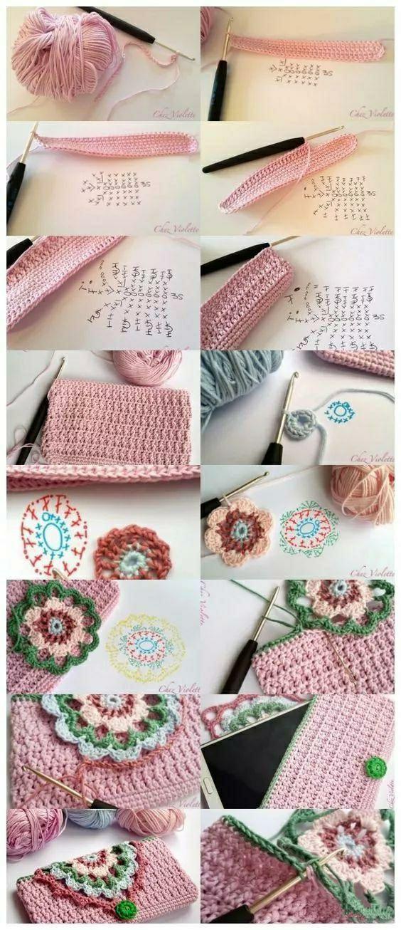 向日葵包包花片钩织图解,100种钩编包包全过程