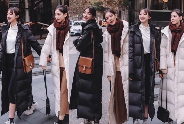 黑色长款羽绒服冬季穿搭高级感,冬天黑色羽绒服穿搭中长款