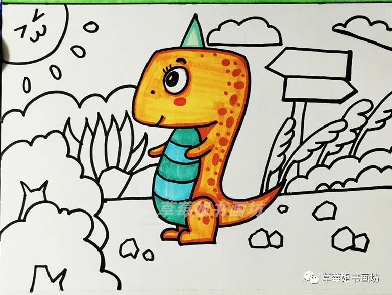 儿童马克笔画7岁恐龙,马克笔儿童画卡通人物绿色小恐龙