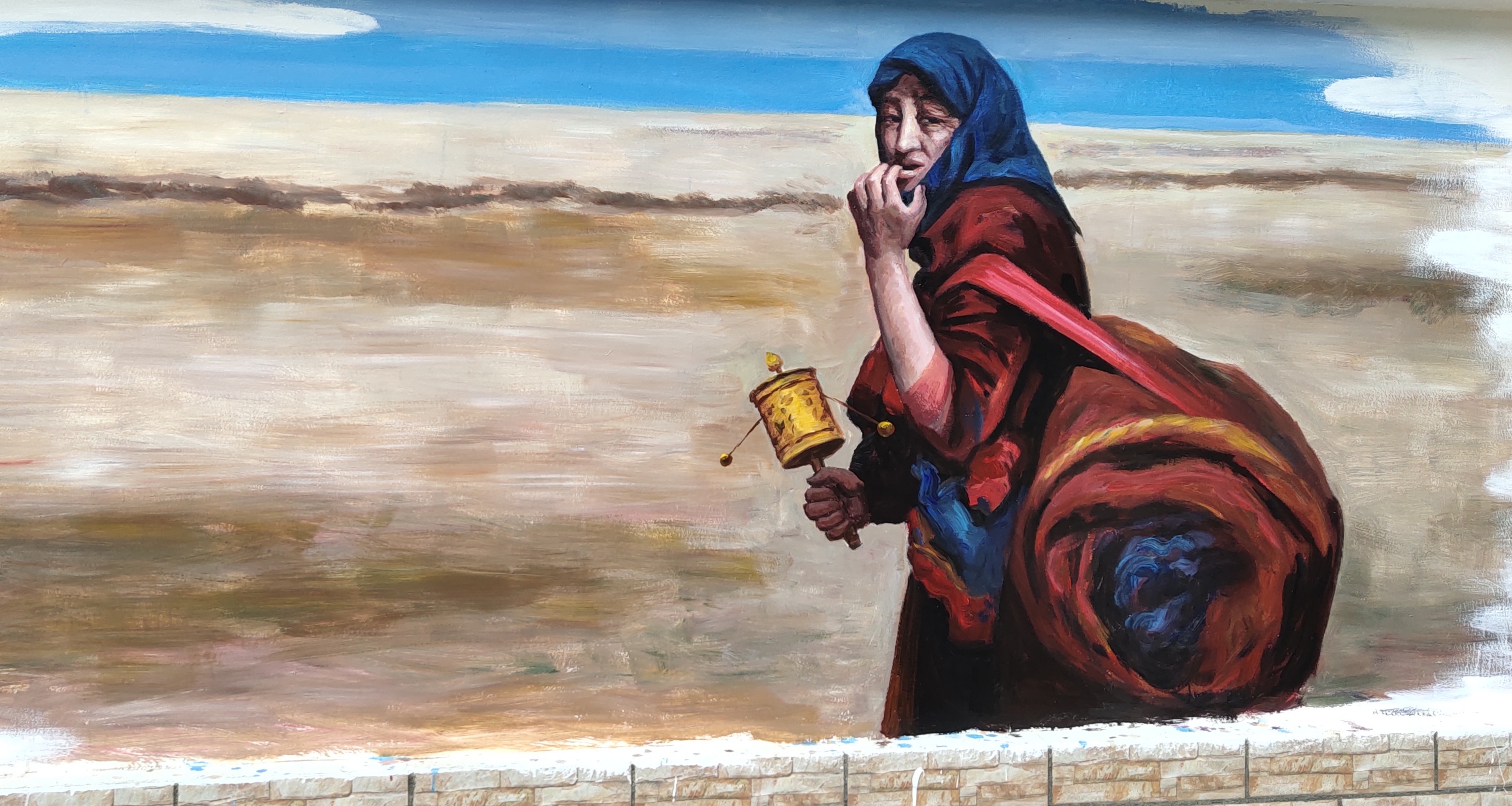 扇形传统文化手绘墙,打卡巨幅手绘文化墙