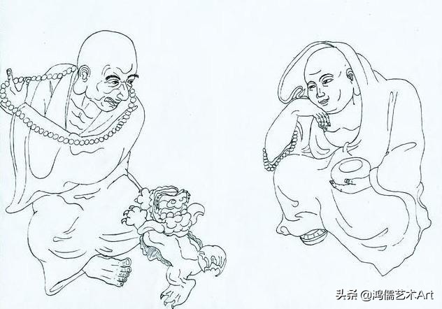 十八罗汉拜观音白描图,十八罗汉李云中白描人物图谱