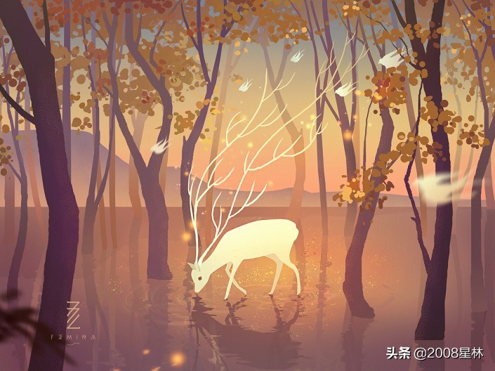 狮子亲吻小鹿插画,抬头望天空的小鹿插画