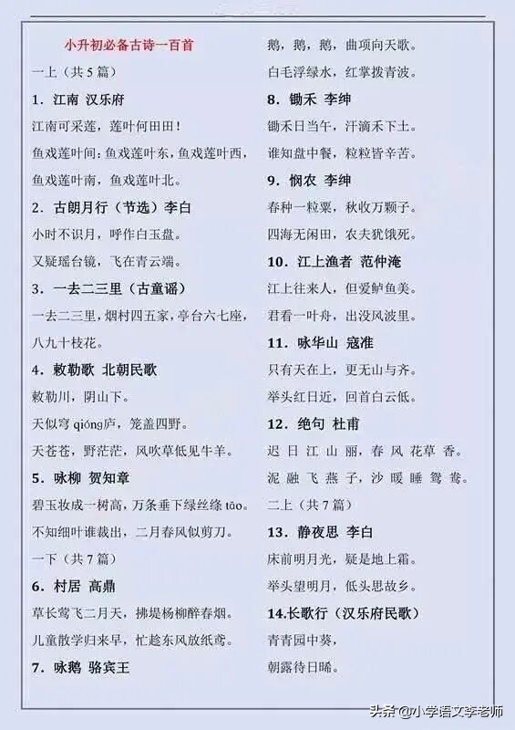 小学生必背100个古诗词,小学生必背古诗词120首可打印