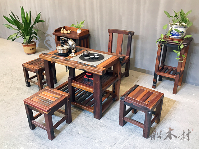 现代简约风格老船木茶桌,阳台老船木茶桌效果图