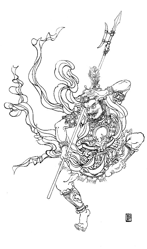 彭连熙工笔白描人物作品,工笔戏曲净角人物白描底稿