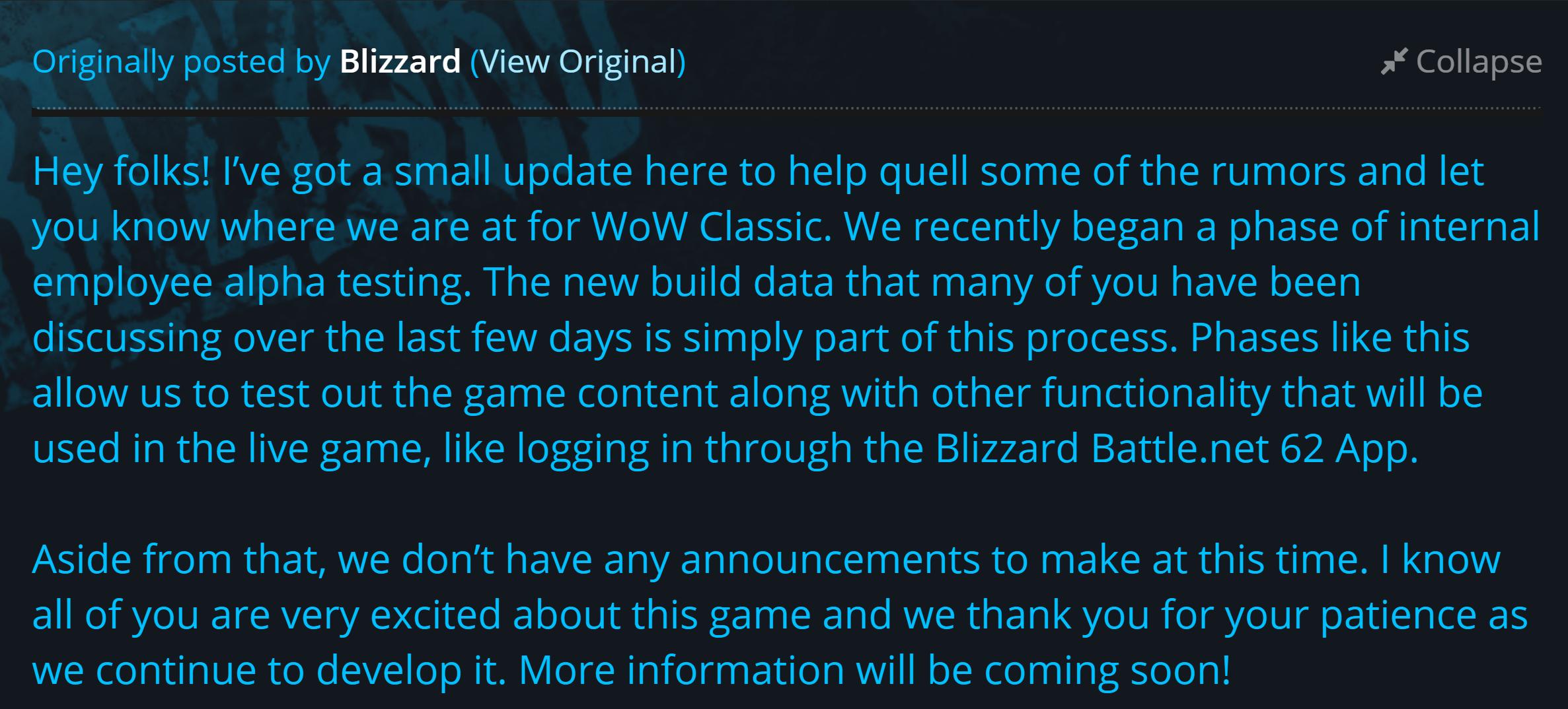 暴雪最新蓝贴，魔兽世界怀旧服开启内测，世界任务奖励装等提升