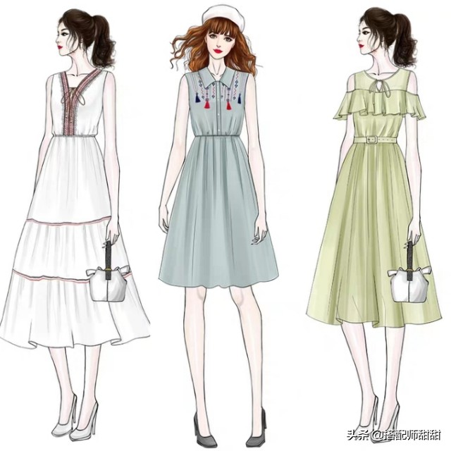 日系手绘穿衣搭配图,女孩每日穿搭手绘