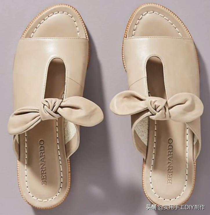 斜条纹小蝴蝶结拖鞋的织法,蝴蝶结草编拖鞋