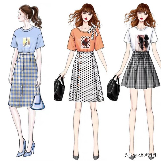日系手绘穿衣搭配图,女孩每日穿搭手绘