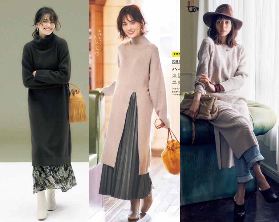 教你一条针织裙如何搭出氛围感,女生针织裙穿搭技巧