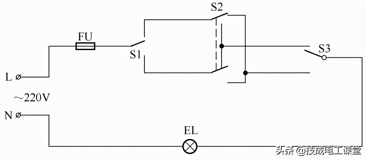 照明联动开关原理图,电灯三个开关控制一个灯的接线图