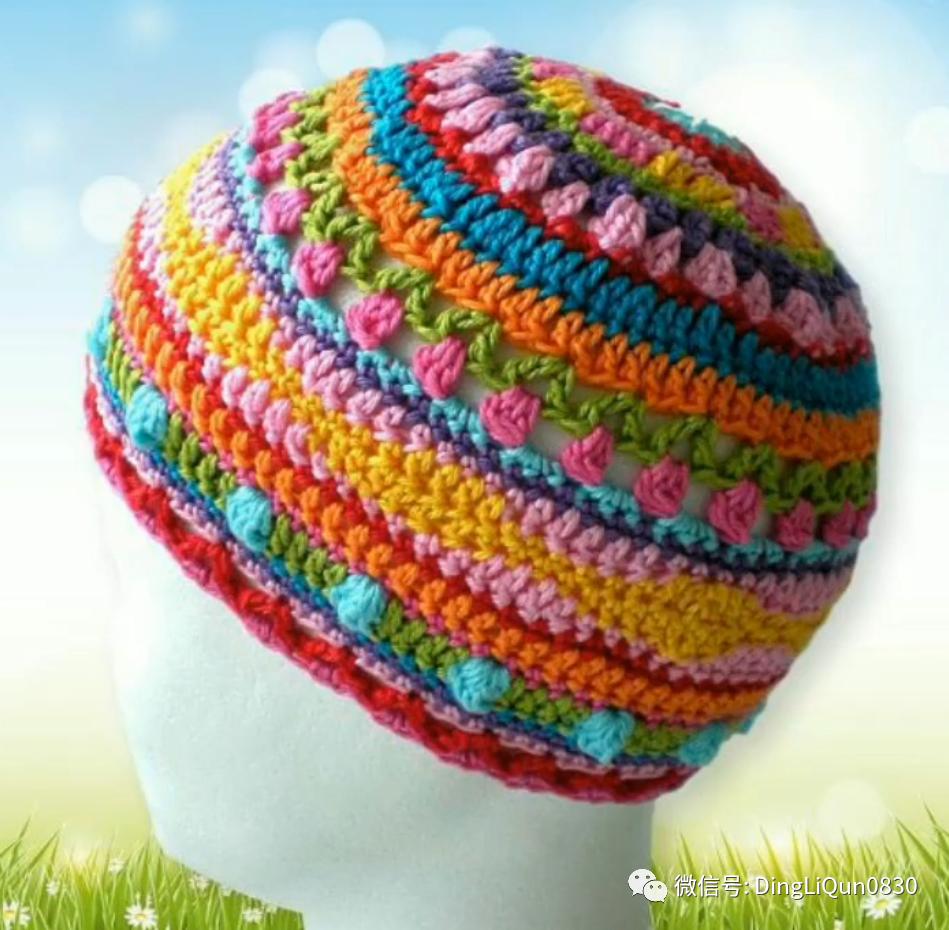 拼色帽子花样钩织教程冰丝线,双色线搭配的帽子钩织教程