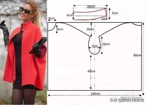 披肩连衣裙裁剪图纸教程,插肩袖浴袍风大衣裁剪