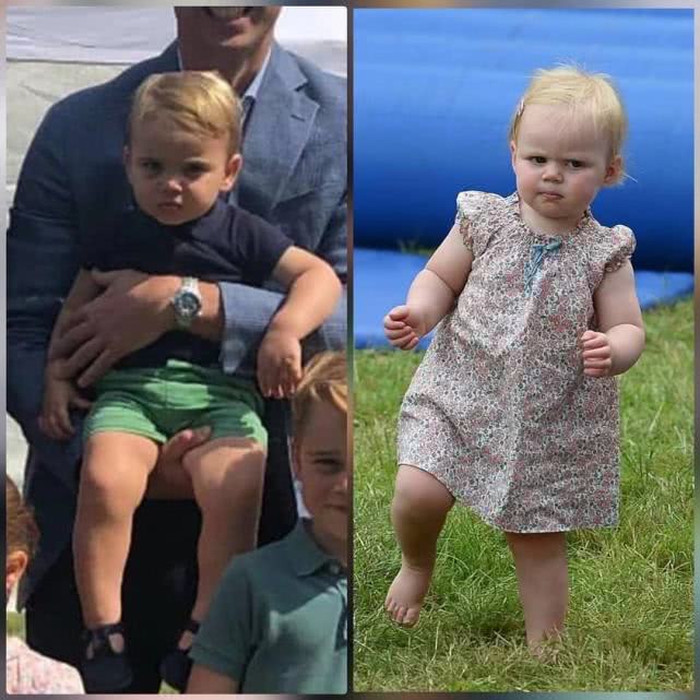 安妮公主四孙女齐聚草地，最小莉娜学走路，撞脸表哥路易小王子